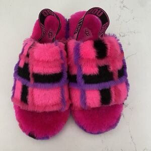 Ugg Fluff Yeah Slide Sandal Slippers Sz 8 Pink Punk Plaid Fuzzy Furry Slingback